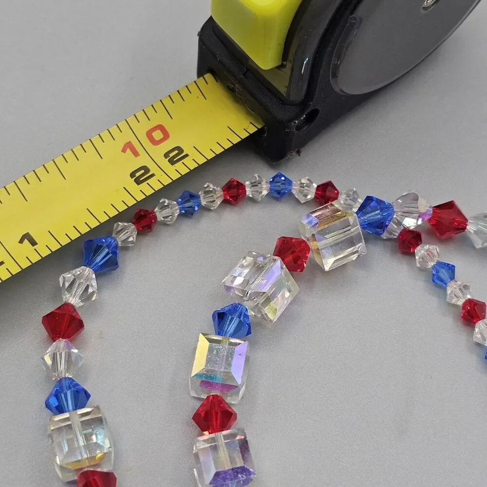 Red White Blue Necklace Aurora Borealis Square Crystal Bead Iridescent 22 in - Picture 8 of 8
